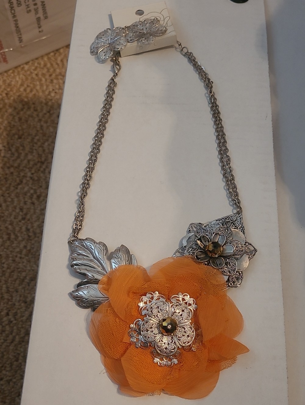 Floral Statement Necklace with Orange Fabric Flower